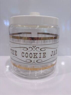 Vintage Pyrex glass cookie jar white plastic lid with gold wood grain
